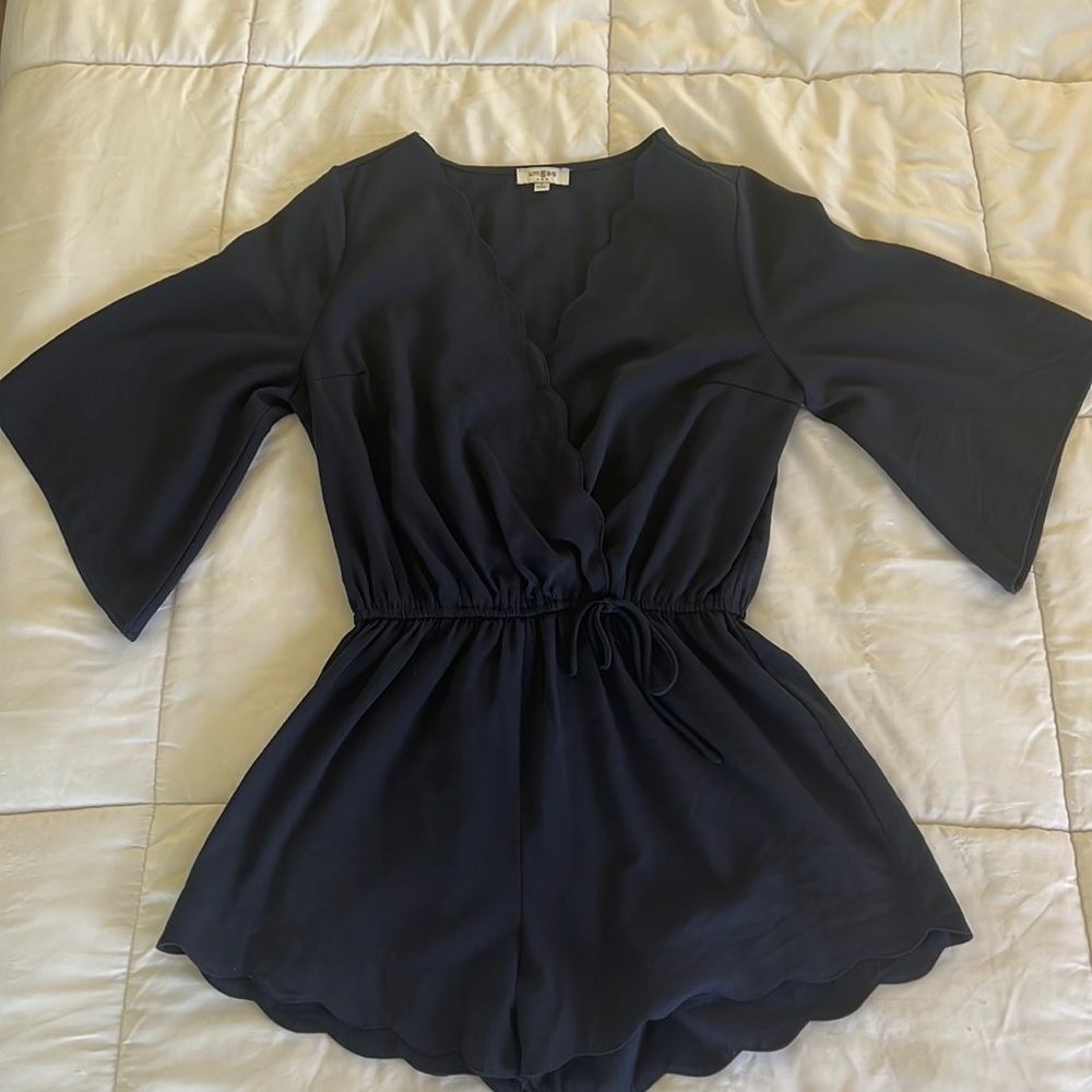 Sz small navy romper with scalloped hem